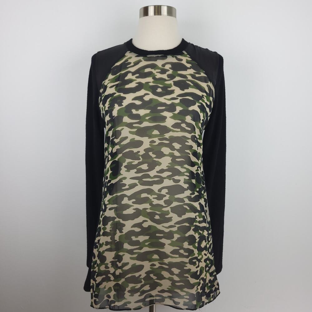 Atina Cristina Sheer Green Camo Print Long Sleeve Tunic Top Size Medium